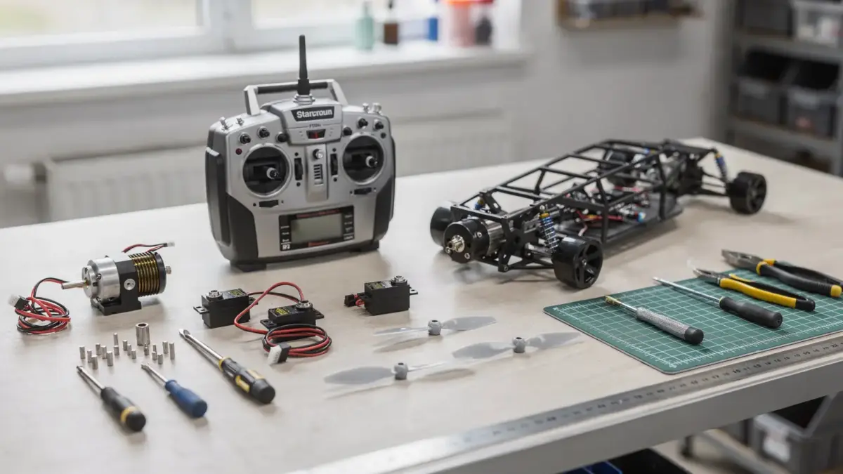 RC-Modellbau-Begriffe für Einsteiger: Fernsteuerung, Motor, Servos und Werkzeuge in einer Werkstatt