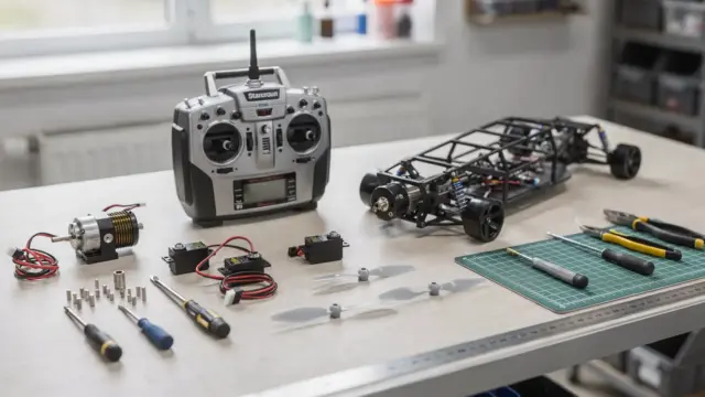 RC-Modellbau-Begriffe für Einsteiger: Fernsteuerung, Motor, Servos und Werkzeuge in einer Werkstatt