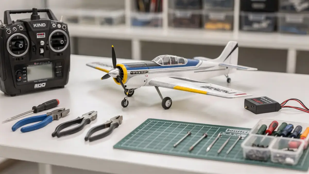 Bind-and-Fly-RC-Modellflugzeug mit Sender und Zubehör auf einer Werkbank