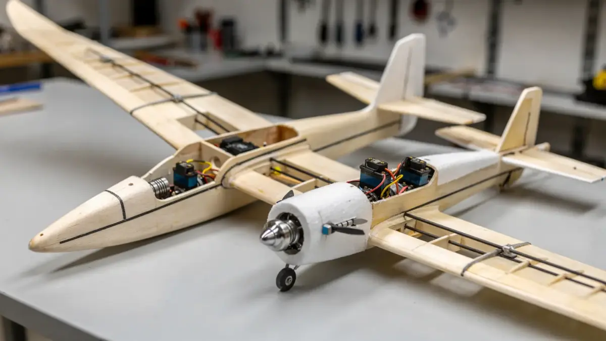 RC-Segler mit Motor und RC Motorflugzeug auf der Werkbank zum Vergleich der Unterschiede