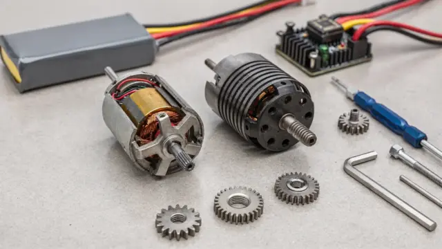 Brushless- und Bürstenmotor im RC-Auto mit Werkzeugen auf einem Werkstatt-Tisch