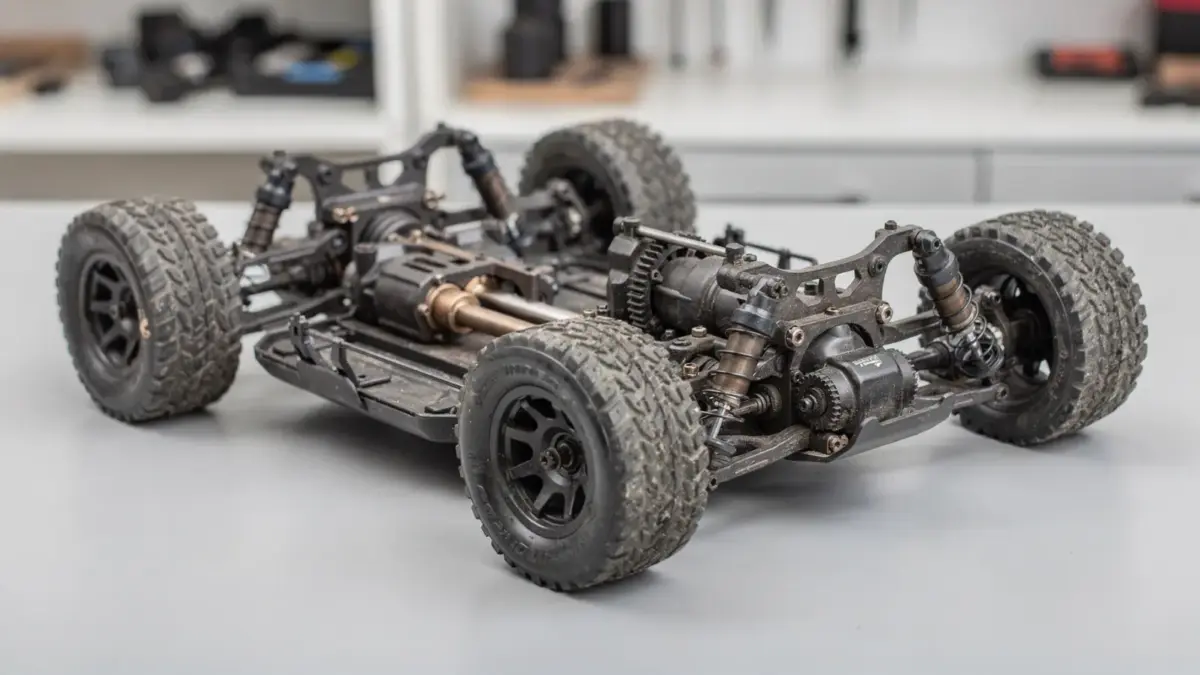 RC Auto mit 2WD- und 4WD-Antrieb auf Werkbank, erklärt den Unterschied der Antriebsarten