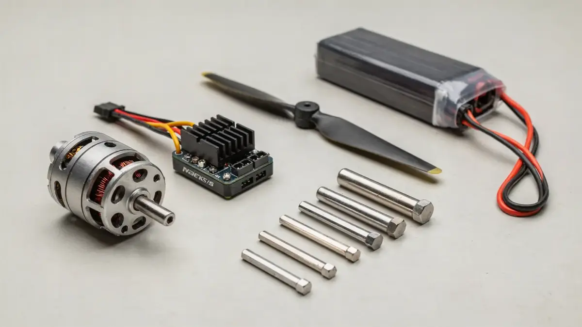 Brushless-Motor im RC-Modellbau mit Regler, Propeller und Werkzeug auf der Werkbank