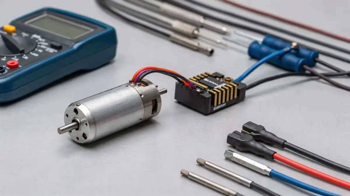 RC-Motor und ESC auf einem Werkstatt-Tisch mit Multimeter zur Prüfung von RC-Motorfehlern