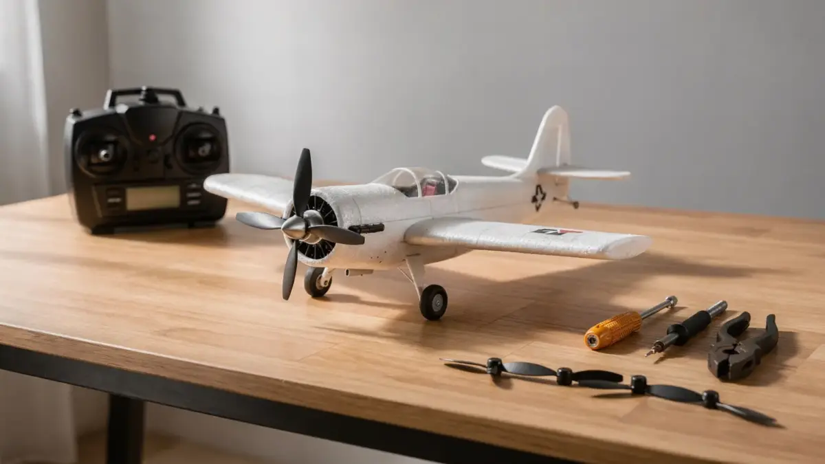 RC-Flugzeug für Anfänger mit Fernsteuerung und Zubehör auf einem Arbeitstisch