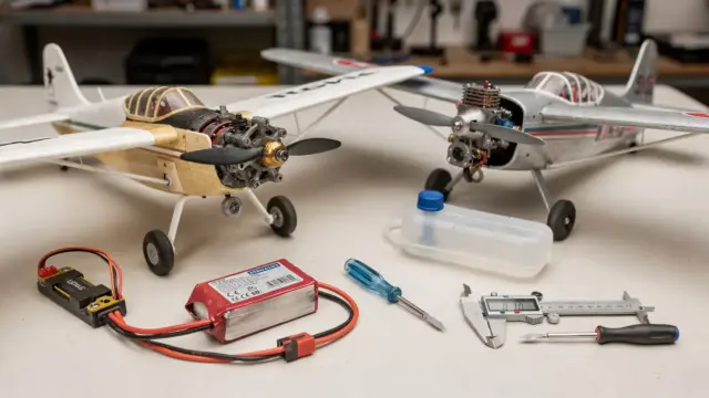 RC-Flugzeug mit Elektro- und Verbrennerantrieb auf Werkbank für den Vergleich der Antriebswahl