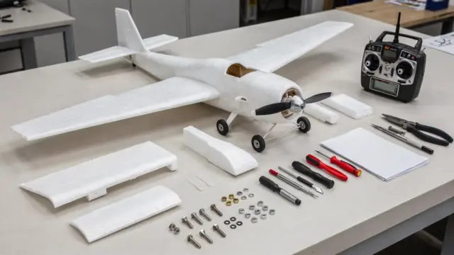 RC-Flugzeug-ARF-Set mit Bauteilen, Fernsteuerung und Werkzeug auf einer Werkbank