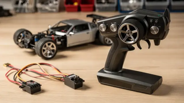 RC-Modellbau mit 2,4-GHz-Funksender, Empfänger und Modellauto auf der Werkbank