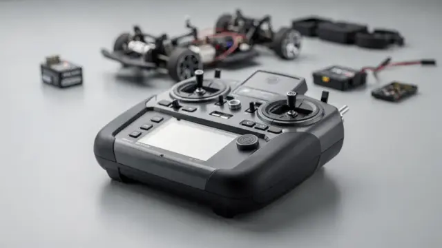 RC-Sender und Modellfahrzeug auf Werkbank zur Funktion der Fernsteuerung
