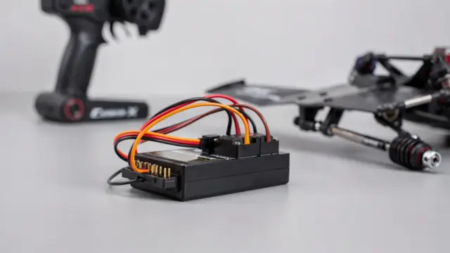RC-Empfänger auf Werkbank mit angeschlossenen Servokabeln und Funkanlage zum Thema RC-Empfänger Funktion