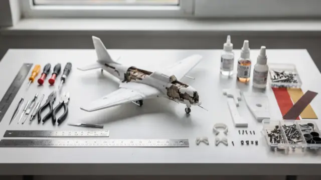 RC Flugzeug Crash Reparatur: beschädigtes Modellflugzeug und Werkzeug auf Werkbank