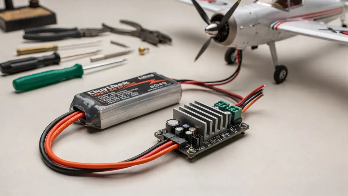 RC Flugzeug Akku und Regler auf einer Werkbank mit Modellflugzeug und Anschlusskabeln