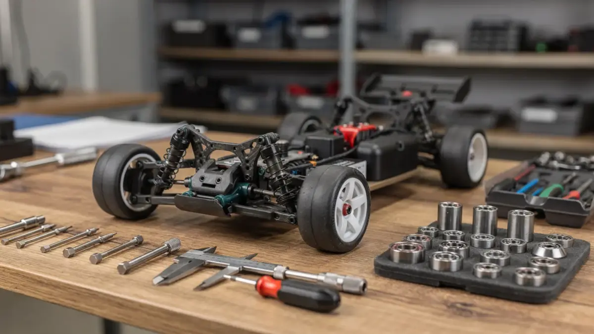 RC-Lager wechseln: RC-Auto-Chassis mit Werkzeug und Ersatzlagern in einer Werkstatt