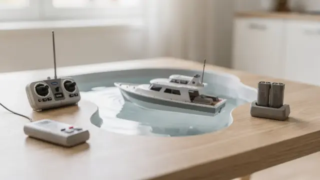 RC Boot für Einsteiger mit Modellboot, Fernsteuerung und Ladegerät auf einem Tisch