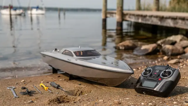 RC Boot am Ufer mit Fernsteuerung und Pflegezubehör zum Thema Salzwasser oder Süßwasser