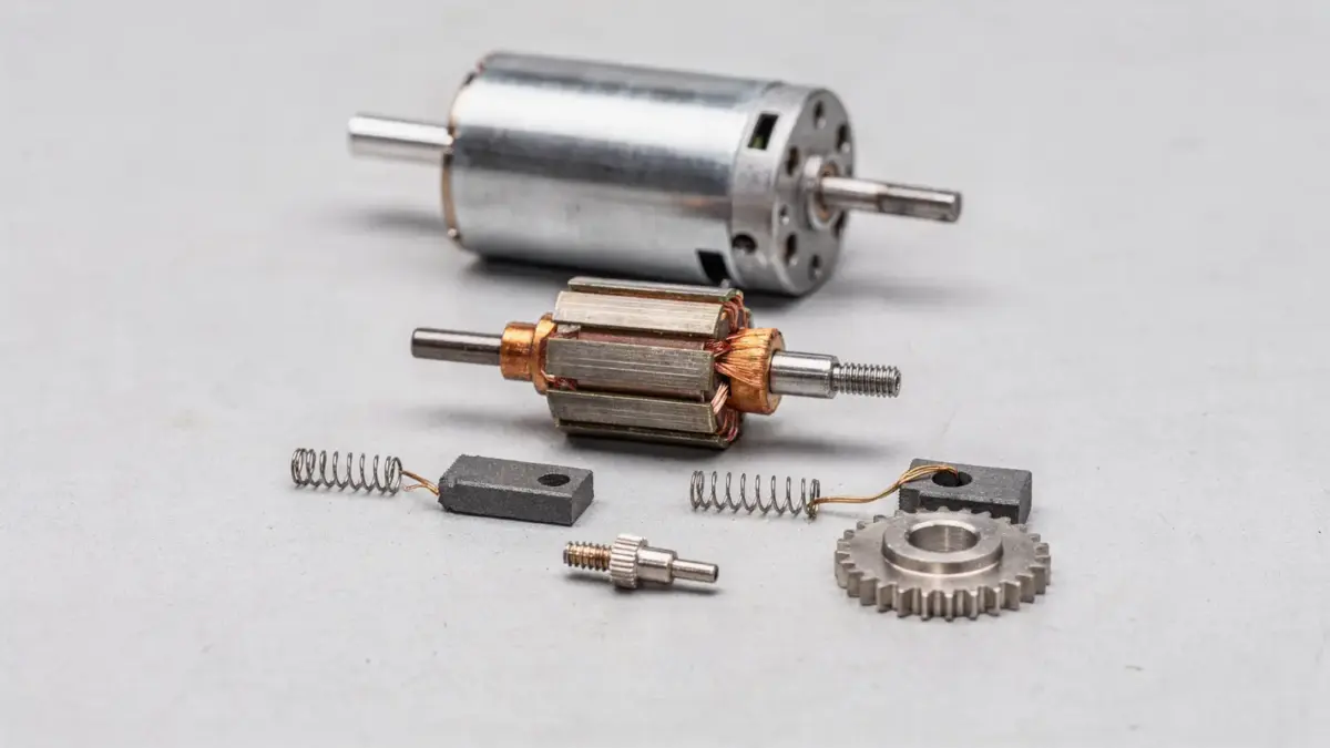 RC Bürstenmotor im Modellbau mit Gehäuse, Kohlebürsten und Getriebe auf einer Werkbank
