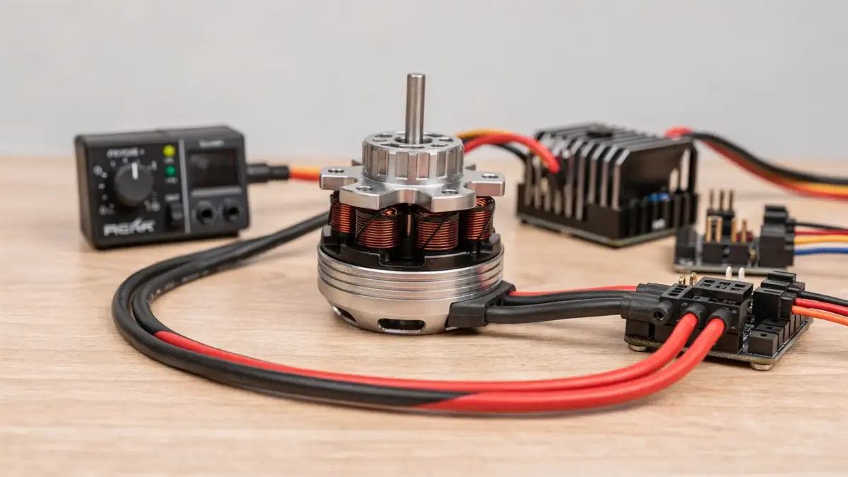 RC Brushless-Motor mit Regler und Elektronik auf Werkbank