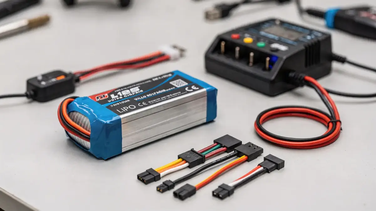 RC LiPo Akku mit Ladegerät und Messgerät auf einem Werkbank-Tisch im Modellbau