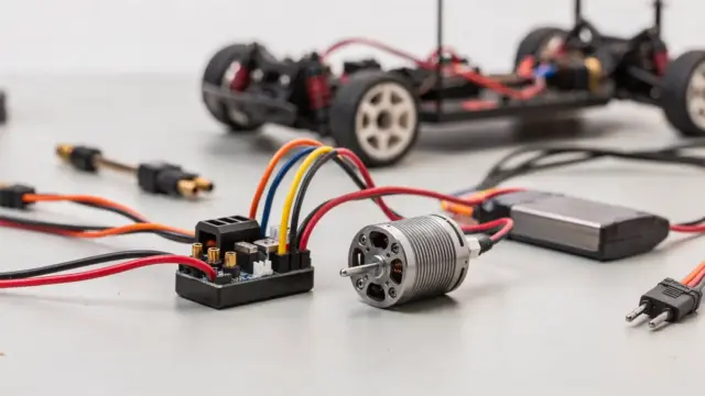 RC-ESC-Regler auf Werkbank neben Motor, Akku und RC-Car-Chassis im Modellbau