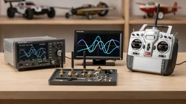 RC-Funkfrequenzen im Modellbau: Fernsteuerung, Frequenzmessgerät und RC-Modelle auf Werkbank