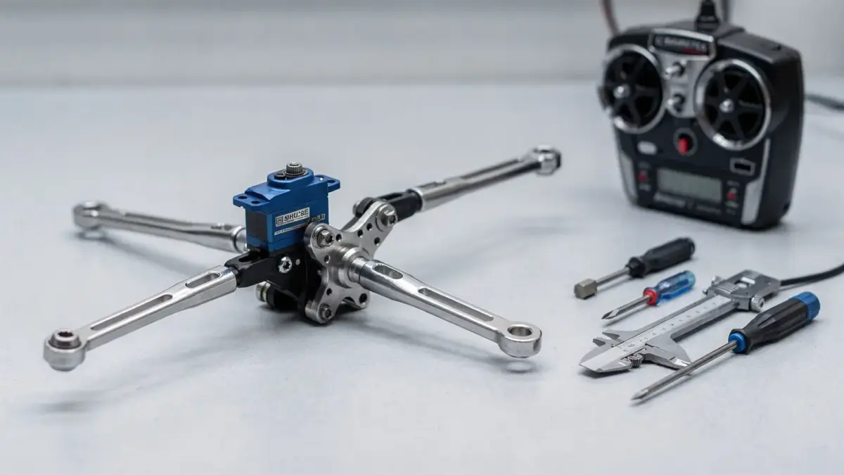 RC-Lenkung mit Servo, Gestänge und Sender auf der Werkbank zur Fehlersuche