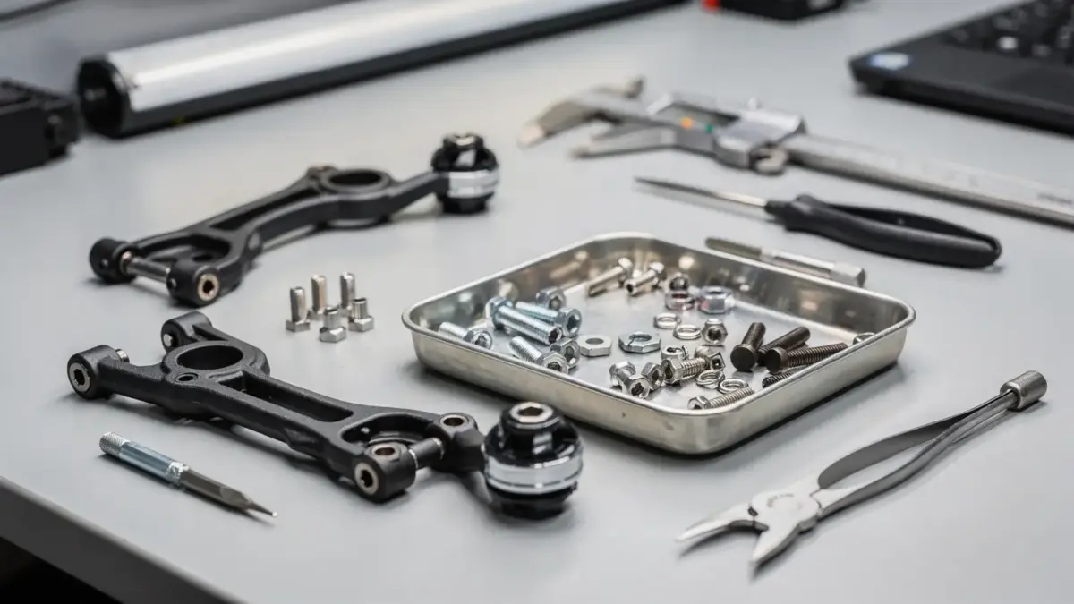 RC-Querlenker und Werkzeug auf Werkbank zur Reparatur von Schäden