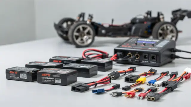 RC-Modell-Akku und Ladegerät auf Werkbank neben einem RC-Modell-Chassis