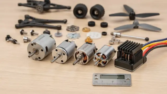 RC-Motoren in verschiedenen Größen auf einer Werkbank zur Auswahl für RC-Modelle