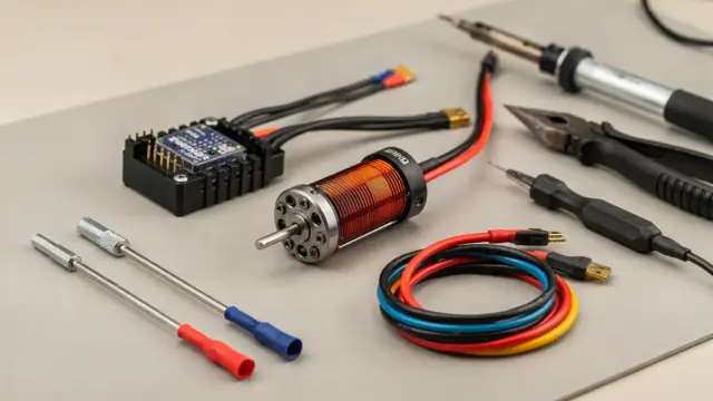 RC-Regler und Brushless-Motor auf einer Werkbank für die passende Auswahl im Modellbau