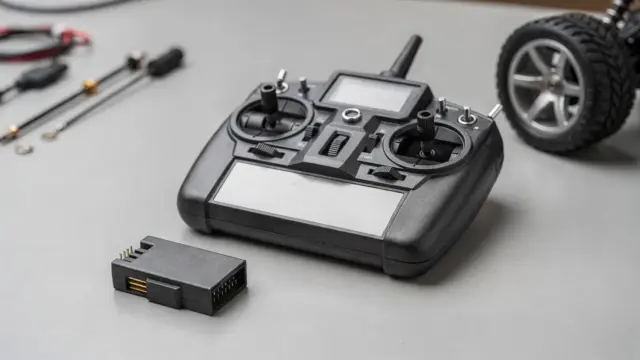 RC-Fernsteuerung 2,4 GHz mit Sender, Empfänger und Modellfahrzeug-Zubehör auf Werkbank