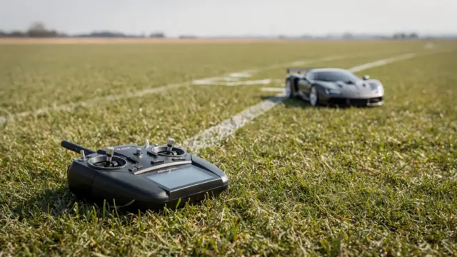 RC-Fernsteuerung mit Sender und Modellauto auf einem Testgelände zur Reichweite