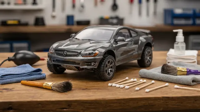 RC-Modell reinigen mit Bürste, Mikrofasertuch und Luftbläser in einer Werkstatt