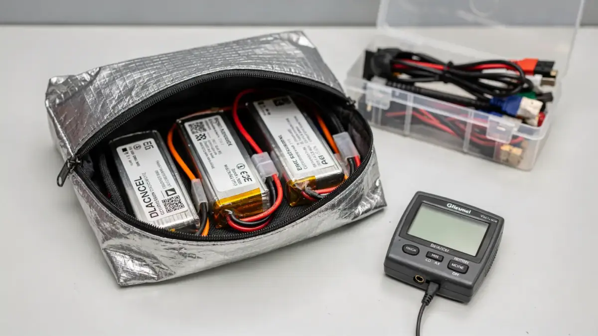LiPo-Akkus sicher gelagert mit Spannungsprüfer und Aufbewahrungsbeutel