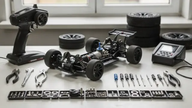 RC-Modellbaukosten: RC-Car-Chassis, Fernsteuerung, Ladegerät und Werkzeuge auf einer Werkbank