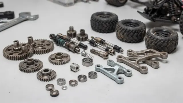 RC-Teileverschleiß erkennen und bewerten: gebrauchte RC-Komponenten wie Zahnräder, Lager und Reifen auf einem Werktisch.