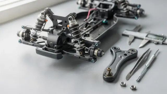 RC-Auto mit defektem Querlenker und geöffnetem Fahrwerk auf der Werkbank