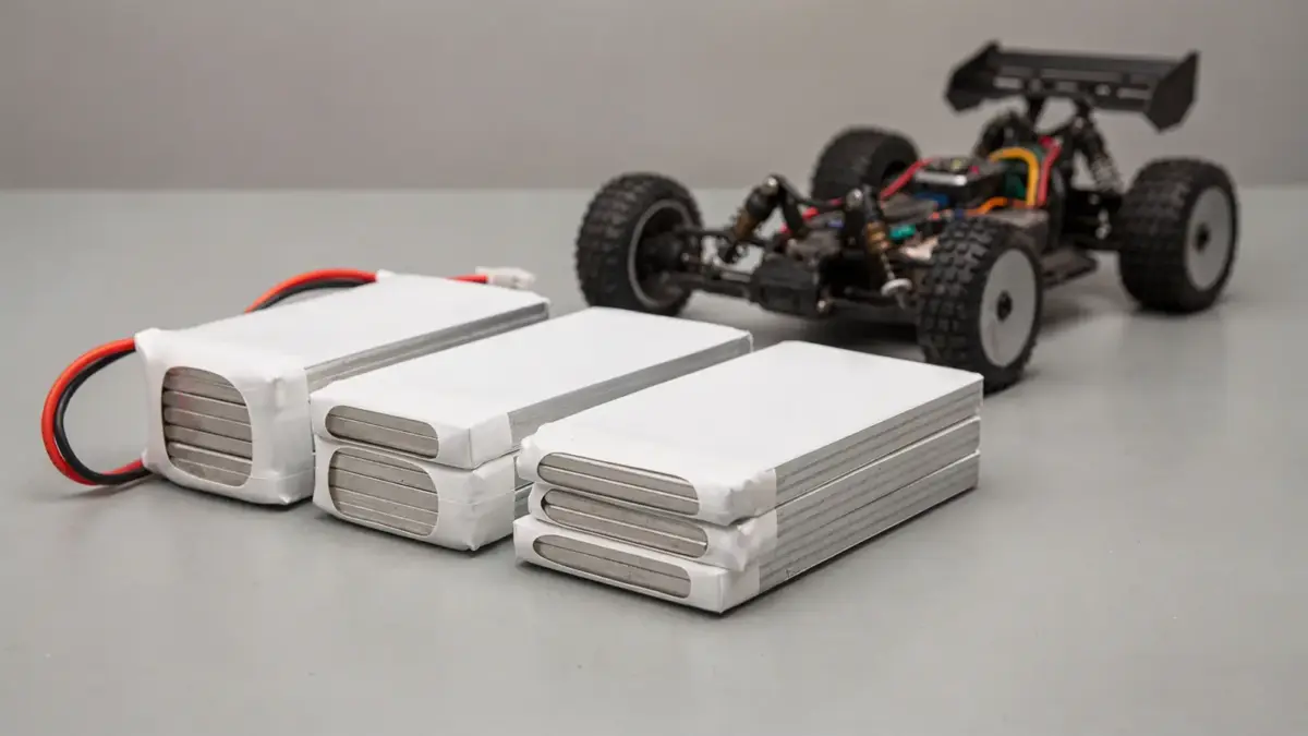 RC-Auto mit 2S-, 3S- und 4S-Akkus auf einer Werkbank zum Thema Akku-Kennzahl