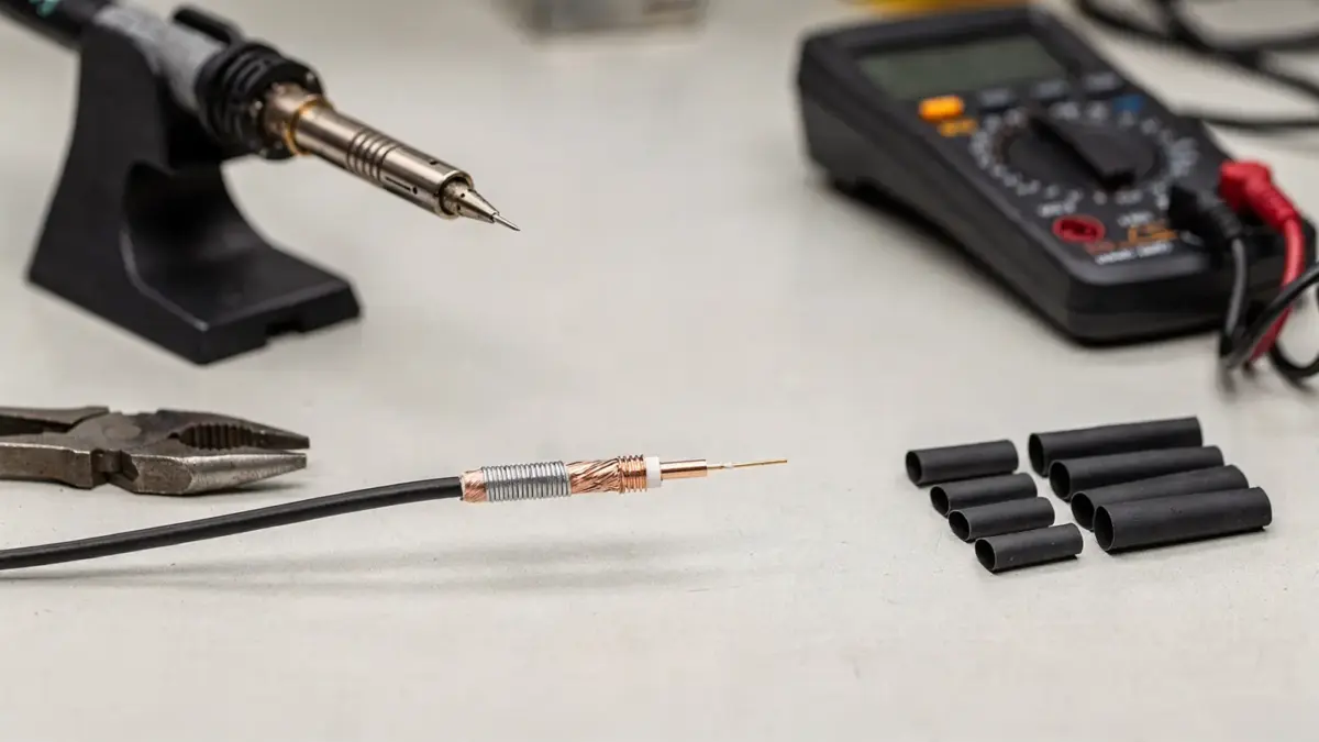 RC-Kabel reparieren: Soldering iron, Kabel und Multimeter auf der Werkbank