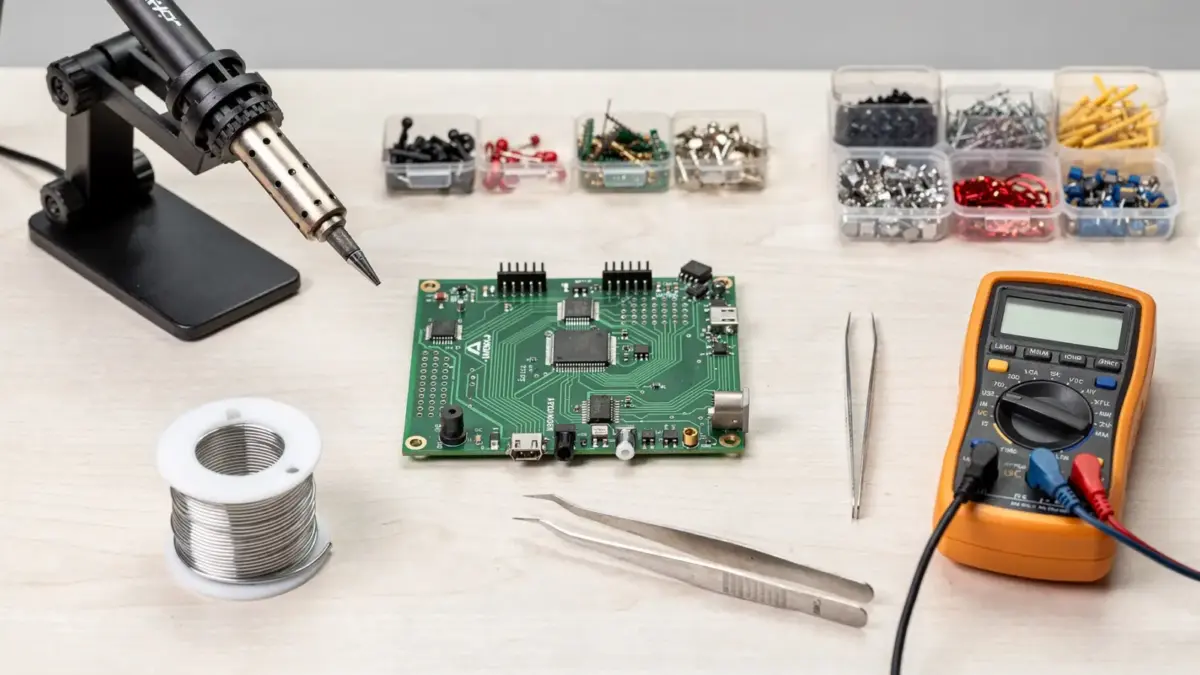 RC-Lötfehler erkennen: aufgeräumter Elektronik-Arbeitsplatz mit Lötkolben, Platine und Multimeter