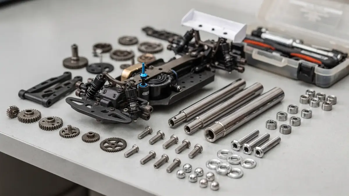 RC Modell Ersatzteile auf einer Werkbank: Zahnräder, Achsen, Schrauben und Chassis-Teile für Wartung und Reparatur