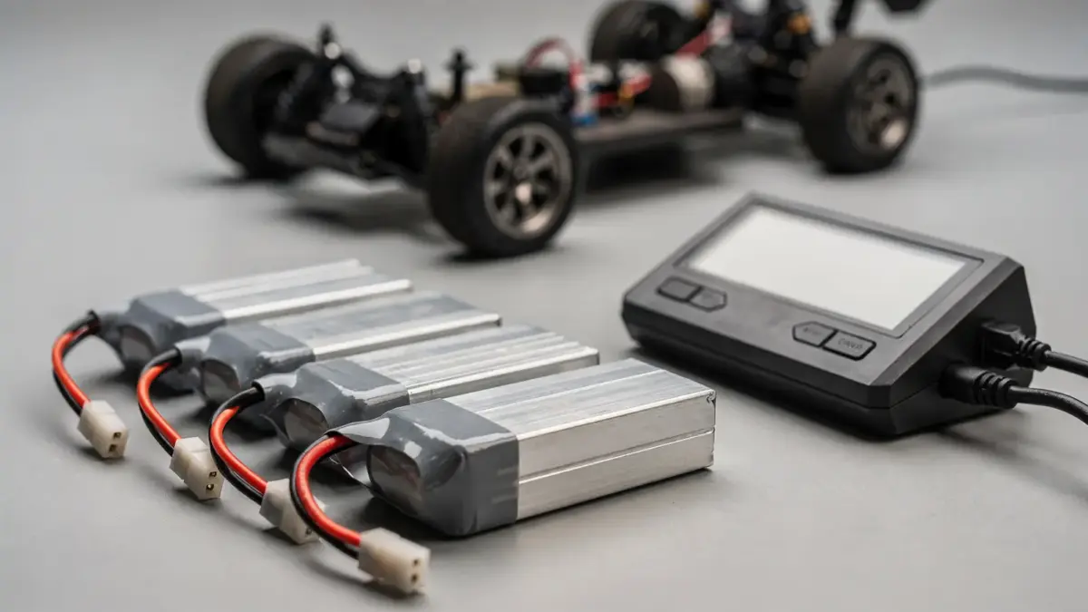 RC-Auto-Akku und Ladegerät neben einem Modellauto auf dem Arbeitstisch