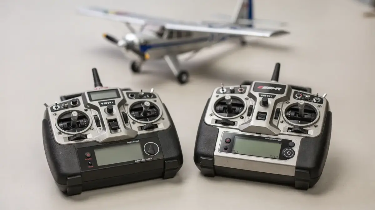 RC-Trimmung an einem Fernsteuerungs-Sender und Modellflugzeug auf der Werkbank