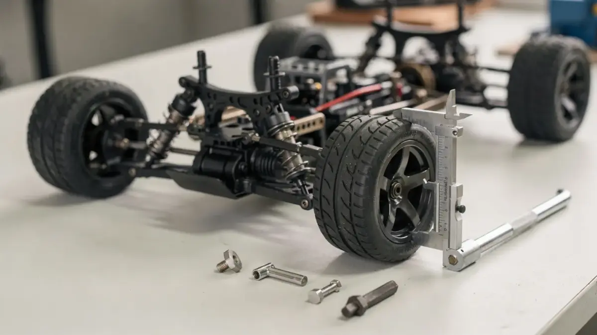 RC-Car auf Werkbank mit Einstellwerkzeug für Spur und Sturz
