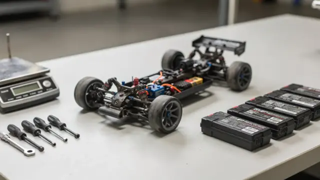 RC-Modell auf einer Präzisionswaage mit Werkzeugen als Bild zum Einfluss des Gewichts auf das Fahrverhalten