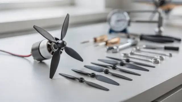 RC-Flugzeug-Propeller und verschiedene Propellersteigungen auf einer Werkbank