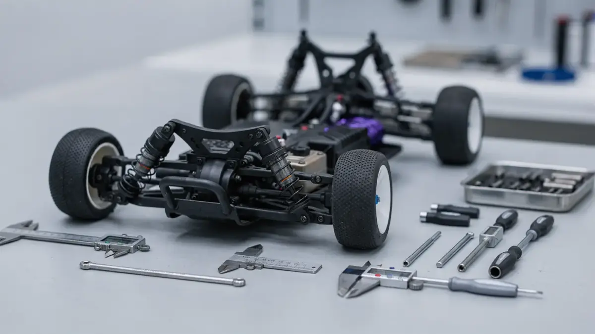 RC-Fahrwerk-Setup: Modellauto-Chassis mit Dämpfern und Werkzeug auf der Werkbank