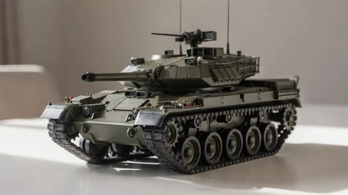 RC Panzer auf Tisch mit Fahrfunktionen wie Vorwärts, Rückwärts und Drehen in neutraler Umgebung