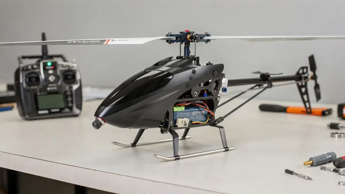 RC Helikopter auf Werkbank mit Fernsteuerung – Aufbau, Steuerung und Antrieb erklärt