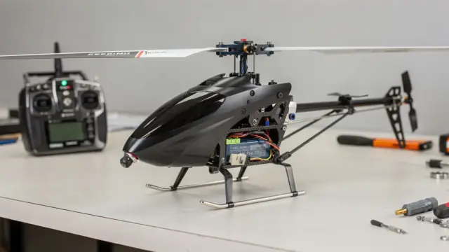 RC Helikopter auf Werkbank mit Fernsteuerung – Aufbau, Steuerung und Antrieb erklärt