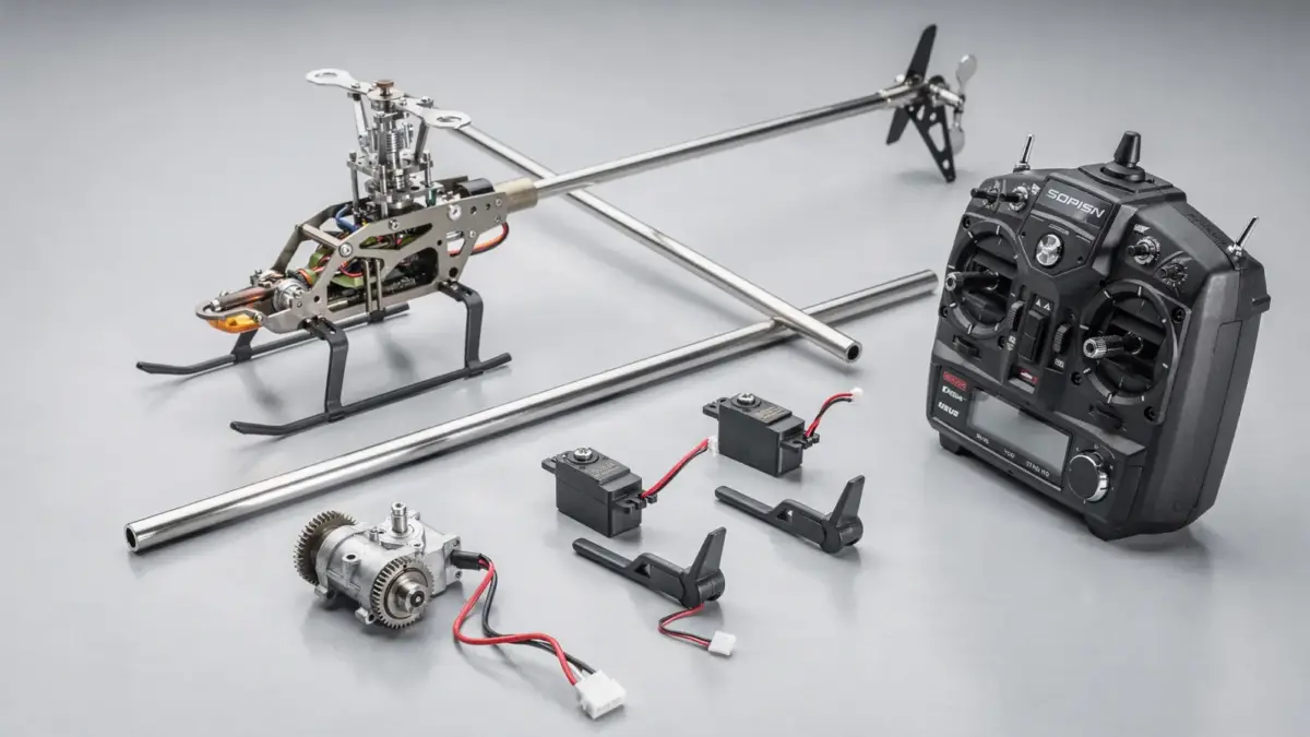 RC-Helikopter-Bauteile auf einer Werkbank mit Rotorkopf, Servos und Sender zum Thema Aufbau und Steuerung